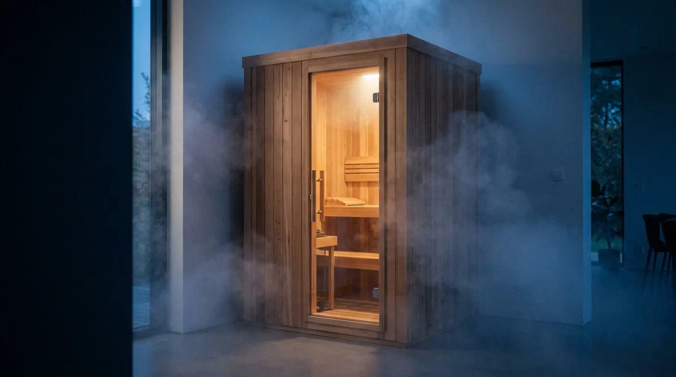 A small single person sauna cabin in a quiet home corner, warm cedar light through the glass door, a personal daily ritual