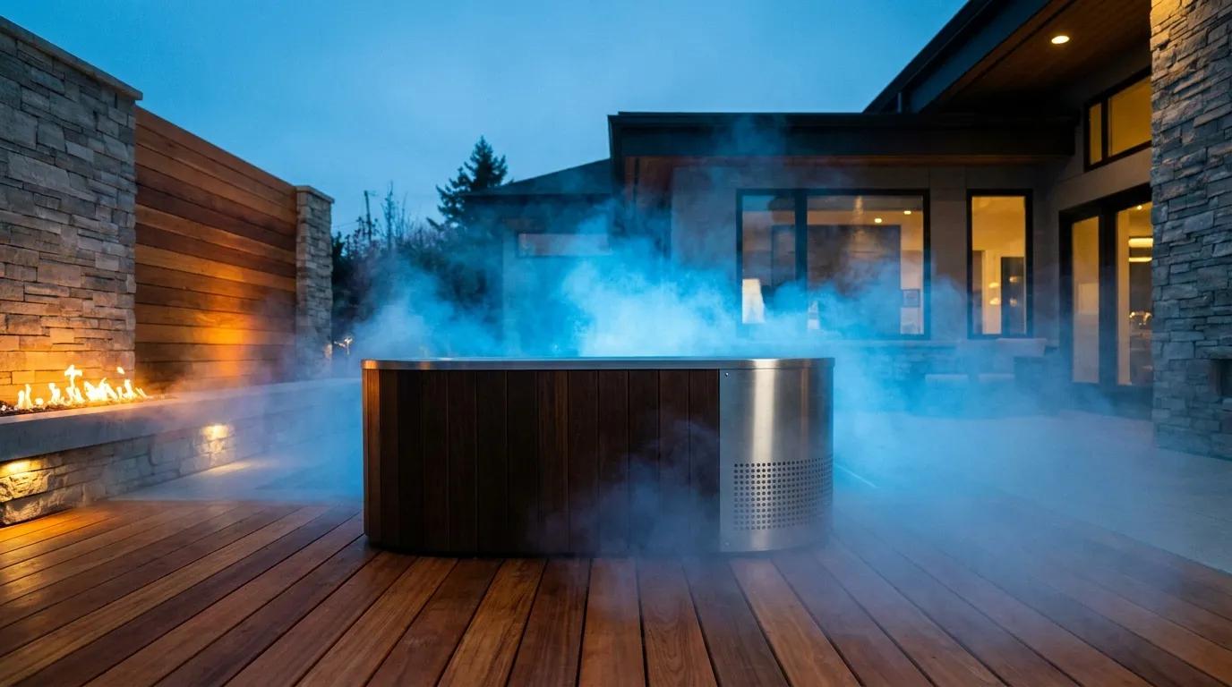 A self-chilling all in one cold plunge tub with visible chiller unit on a covered patio