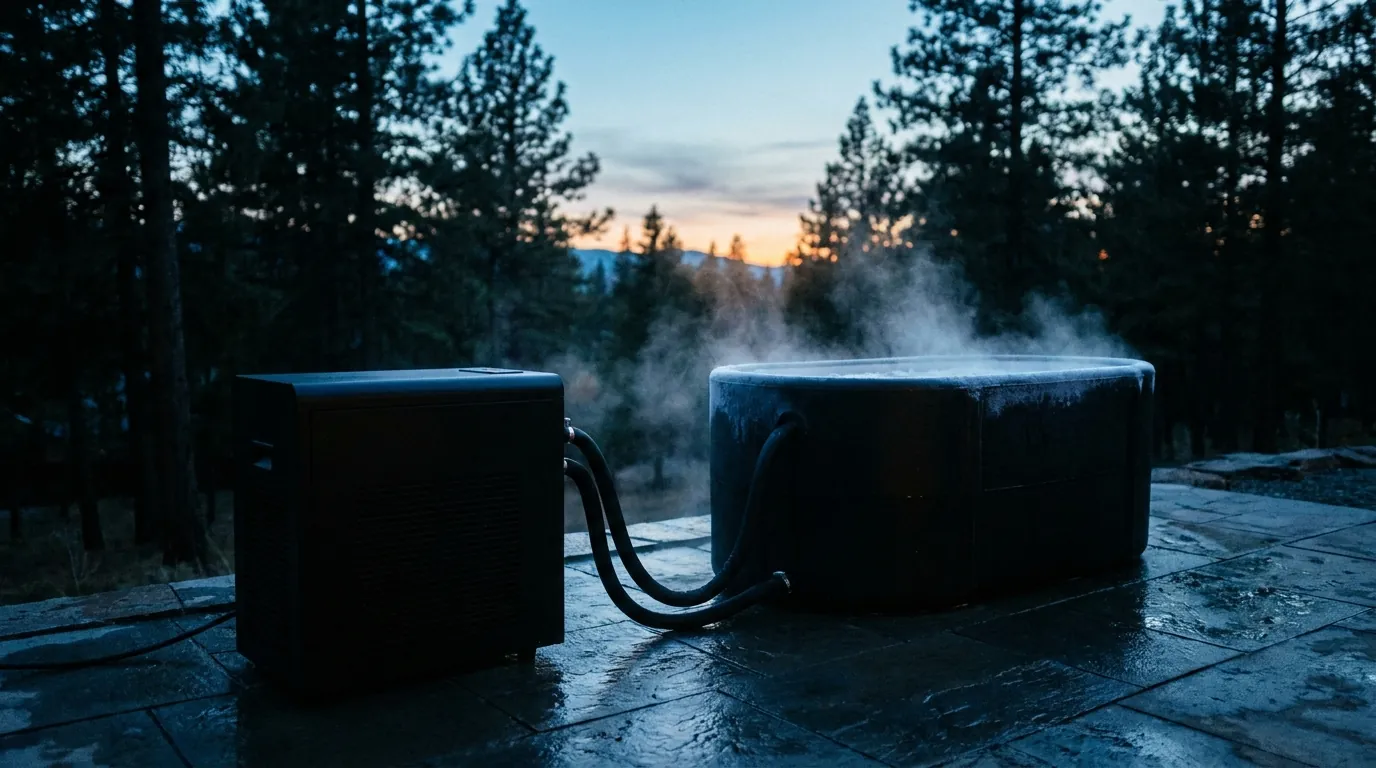 A matte-black cold plunge chiller unit beside a dark cold plunge tub with mist rising, on a slate patio at blue-hour twilight
