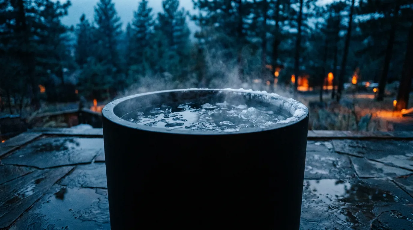 A matte-black cold plunge tub filled with icy water and mist on a wet slate patio at blue-hour twilight