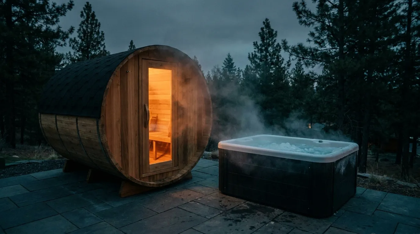 A cedar barrel sauna glowing warm beside a steaming cold plunge tub on a slate patio at twilight, a paired heat and cold setup