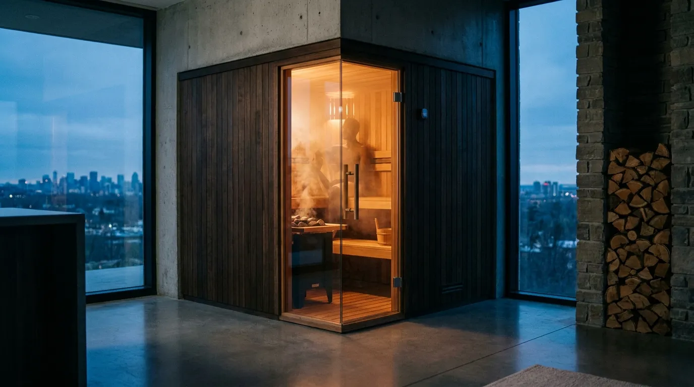 A cedar sauna cabin built into a finished basement room, warm light through the glass door against a dark wall