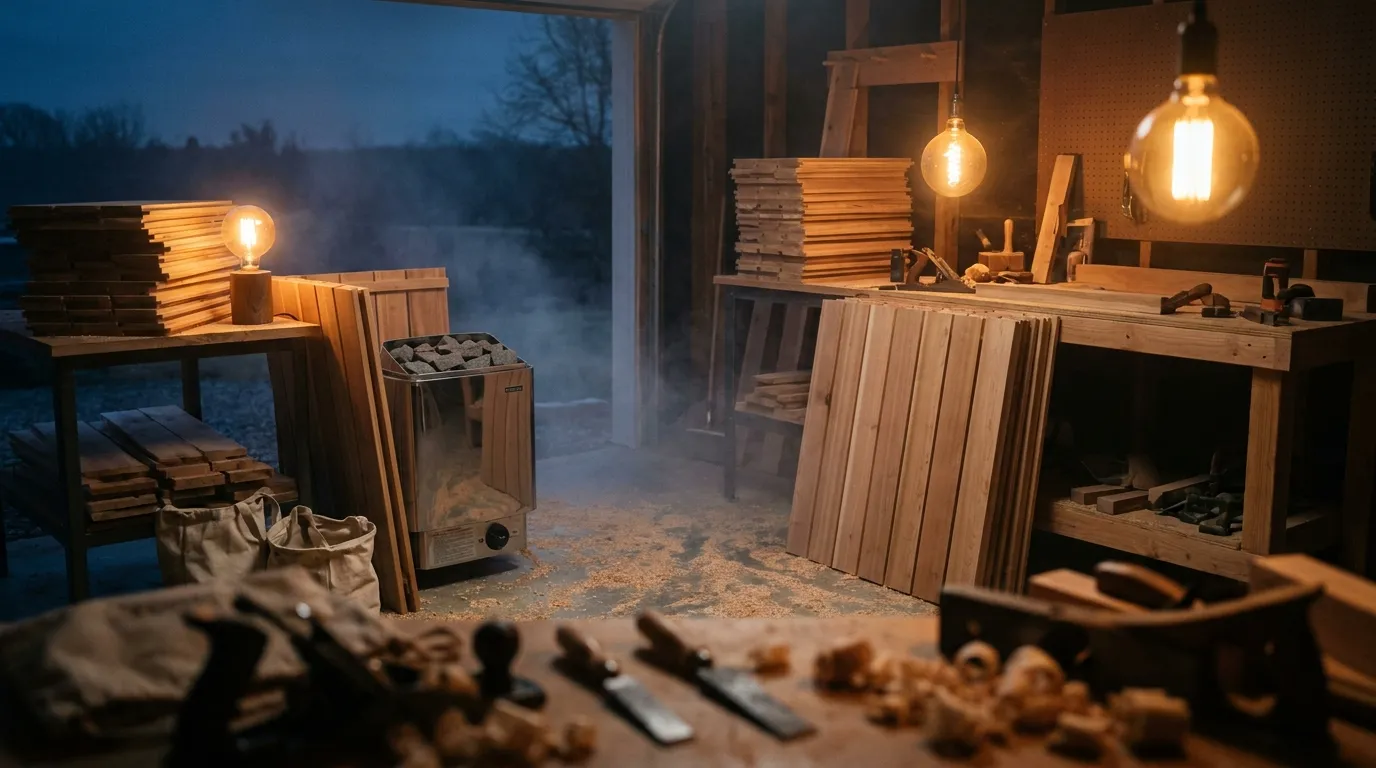 A cedar sauna kit partly assembled in a backyard, numbered wall panels leaning against sawhorses