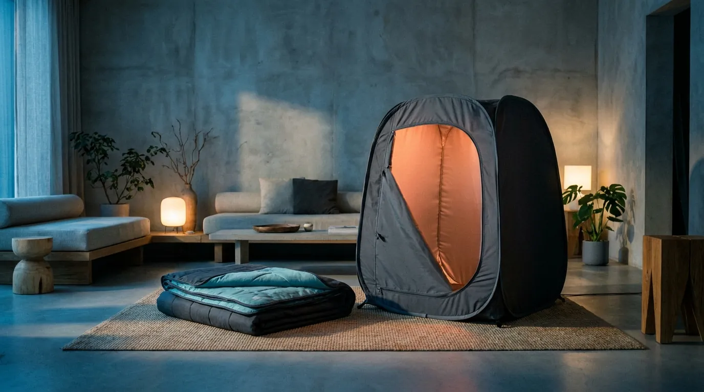 A portable pop-up infrared sauna tent and a folded infrared sauna blanket in a minimalist modern room, warm ambient light
