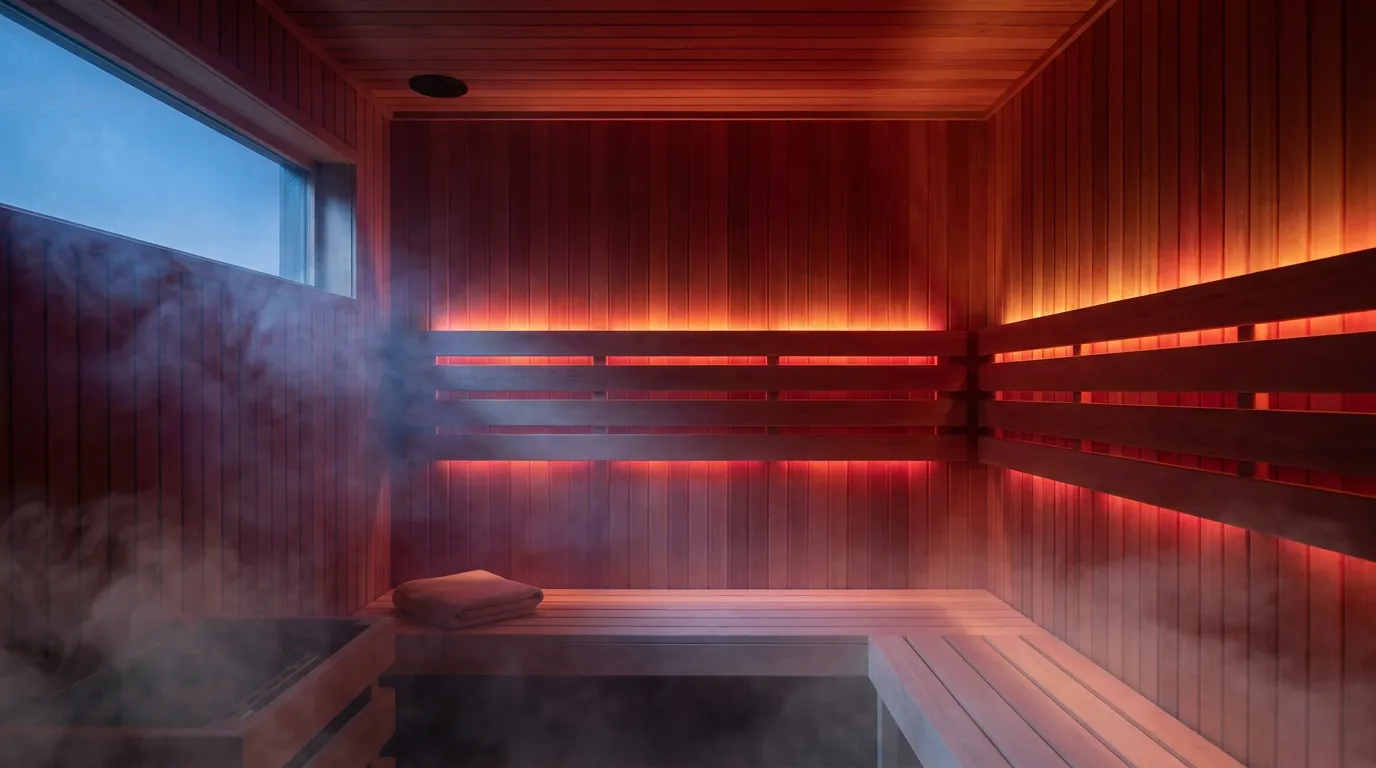 Red LED light glowing inside a wood sauna cabin interior