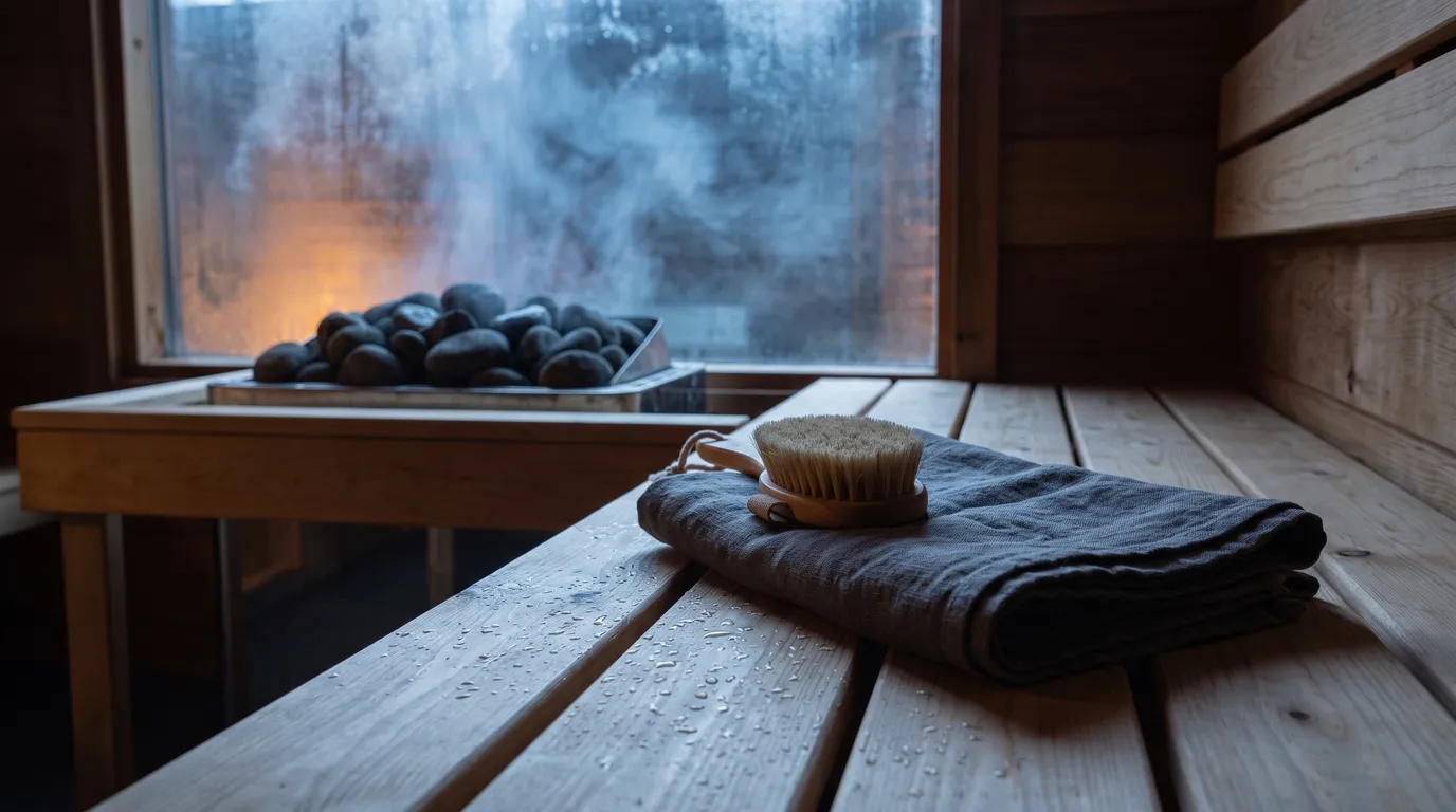 A brush and folded cloth resting on a wiped cedar sauna bench, water beading on the wood
