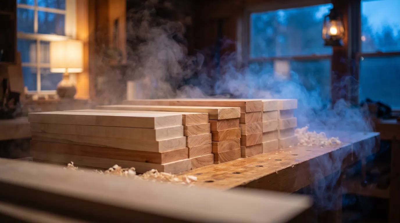 Stacked boards of different sauna woods side by side, pale through honey toned, shavings on a workbench