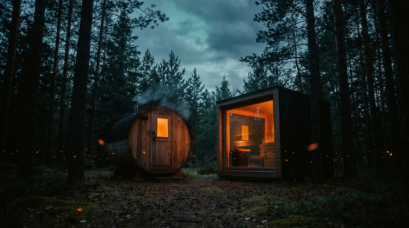 A cedar barrel sauna and a modern insulated cabin sauna at dusk in a pine forest, warm amber light glowing from the sauna window
