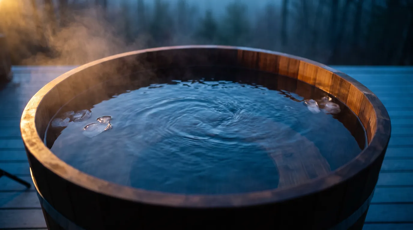 Clear cold plunge water swirling in a tub, small pieces of ice at the rim