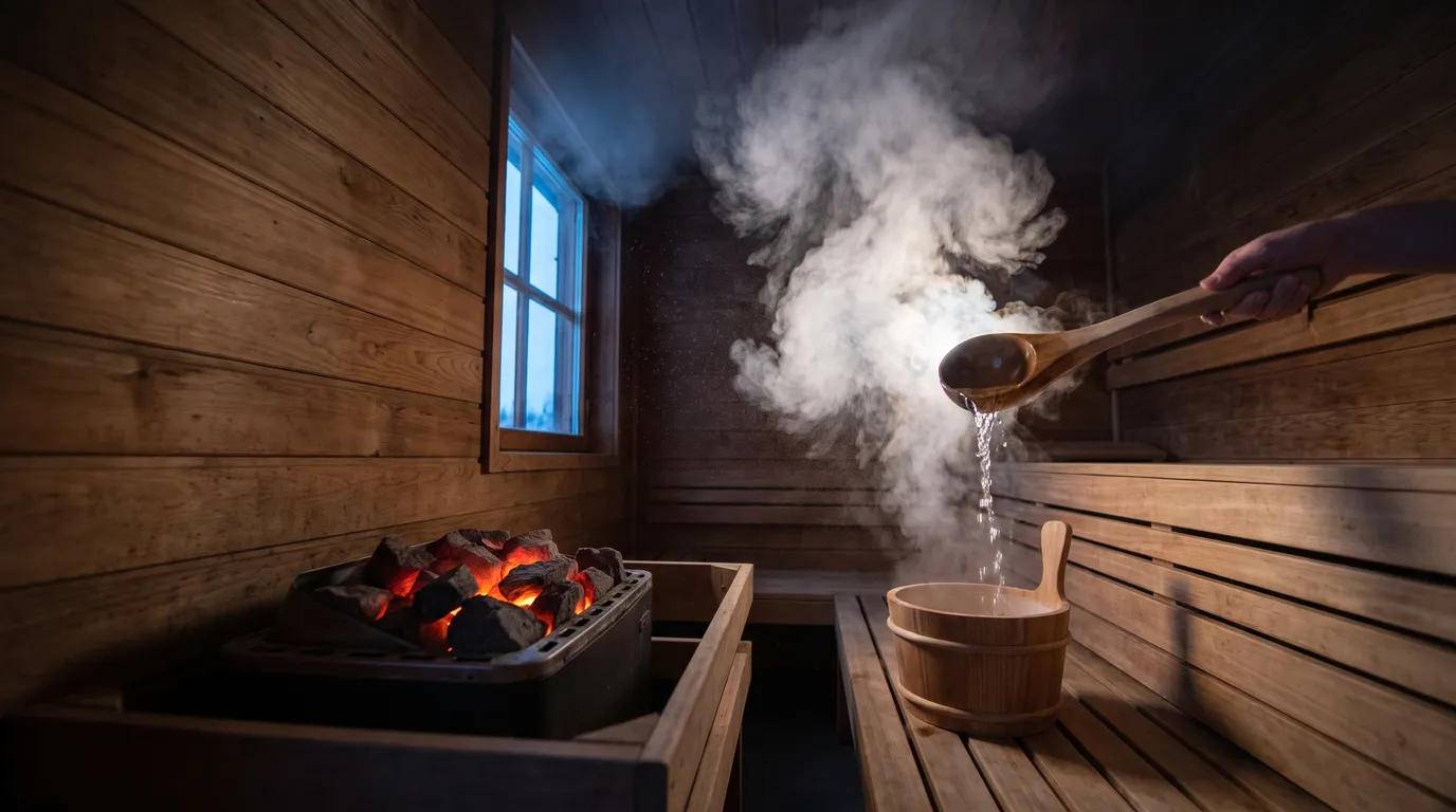A ladle pouring water over hot sauna rocks, steam bursting upward